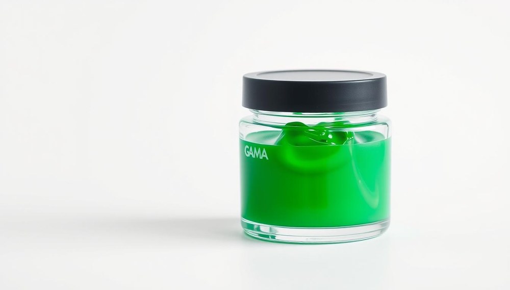 A photorealistic image of a transparent glass jar filled with a vibrant green gel-like substance, with a matte black screw-top lid. The jar is placed on a plain white background, allowing the gel to be the focal point. The lighting is soft and evenly distributed, creating a clean, professional aesthetic. The texture of the gel is smooth and viscous, with subtle variations in hue and sheen. The overall composition is simple and minimalist, emphasizing the technical details and quality of the GA&amp;MA modeling gel product.