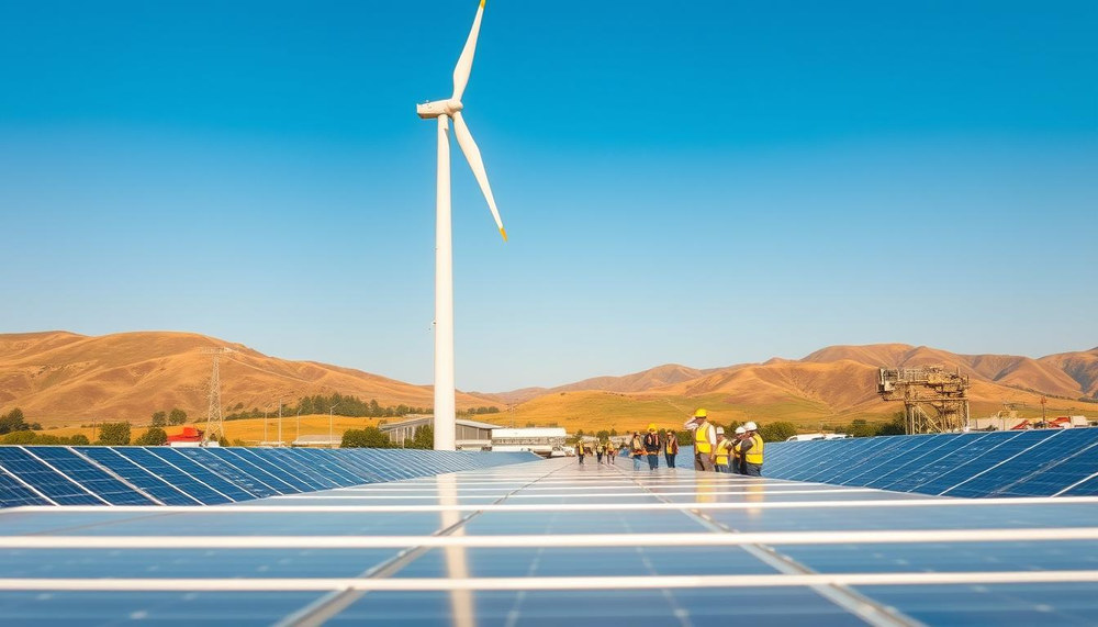 A sun-drenched industrial facility set against a backdrop of rolling hills and a clear sky. At the center, a sleek, modern wind turbine stands tall, its blades slowly turning to harness the power of the wind. In the foreground, a variety of solar panels are neatly arranged, their glossy surfaces reflecting the sunlight. In the middle ground, a group of workers in hard hats and safety vests are engaged in maintenance and operations, showcasing the human element of this energy-independent production process. The overall scene conveys a sense of technological innovation, environmental sustainability, and the harmonious integration of renewable energy sources into a thriving industrial landscape.