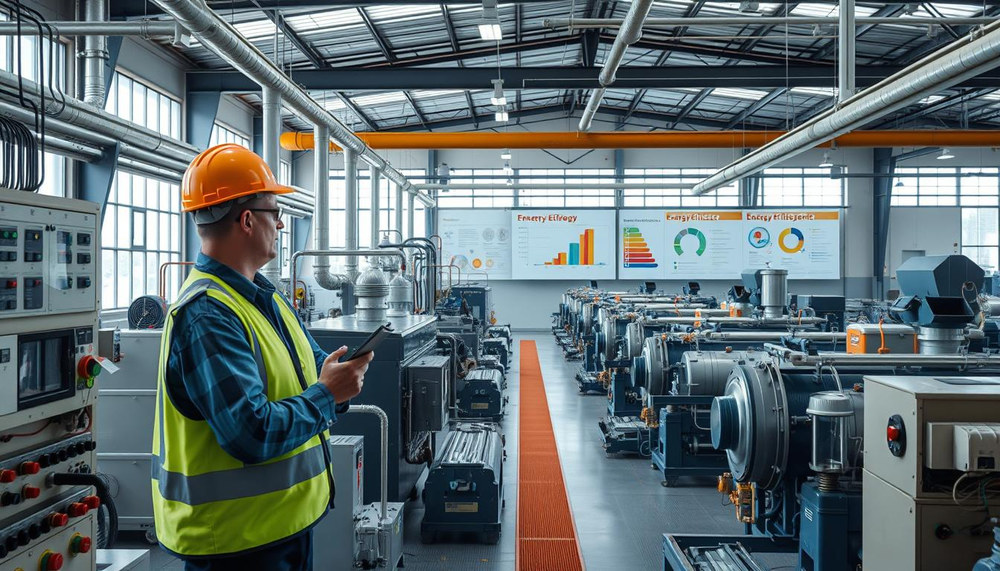 A factory interior with various production equipment and machinery. The foreground features a technician in a hardhat and safety vest, examining a control panel and taking notes. The middle ground shows rows of industrial machinery, pipes, and vents, all well-maintained and operational. The background depicts large windows, allowing natural light to flood the space, and a series of energy efficiency charts and diagrams displayed on the walls. The overall atmosphere is one of diligence, optimization, and a commitment to sustainable practices. Photorealistic, standard design, no fantasy, typical, natural colors, quality, accurate details.